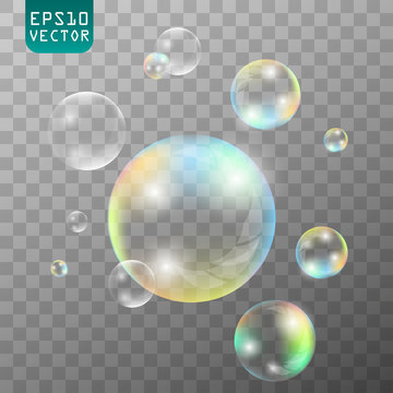 Transparent soap or water bubbles. Realistic soap bubbles with rainbow reflection set isolated vector illustration