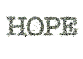The word "HOPE" made out of 1, 5, 20, 50 and 100 dollar bills