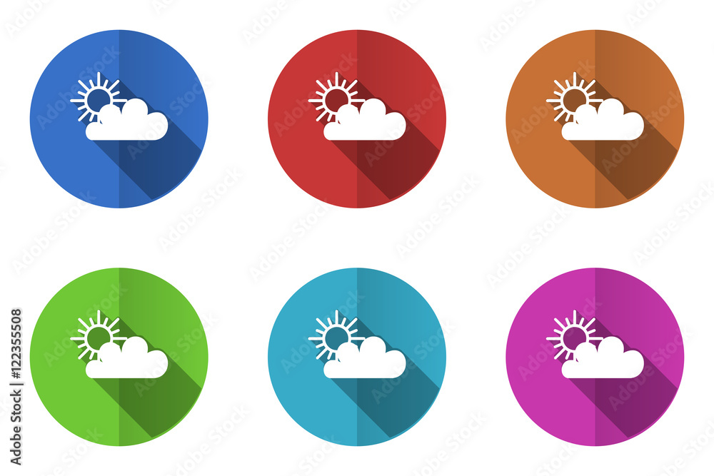 Aufkleber flat design vector icons. colorful weather forecast web buttons set.