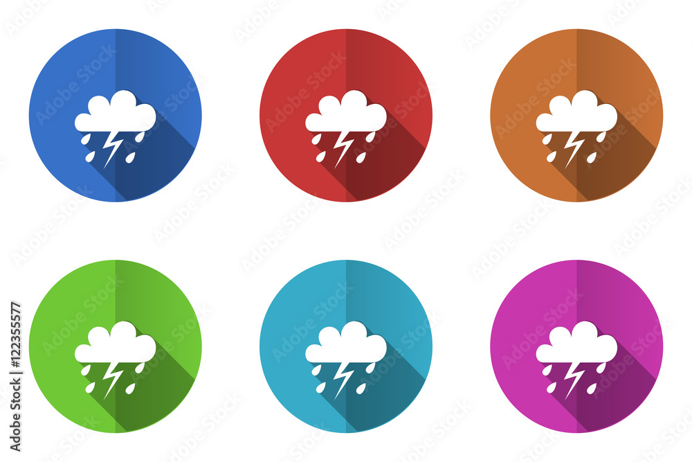 Poster Flat design vector icons. Colorful storm web buttons set. 