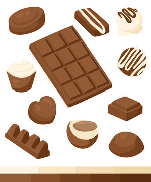 Chocolate, vector icon set. Different kinds of cacao products energy bar milk chocolate candy