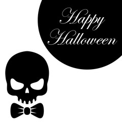 Icono plano texto Happy Halloween con craneo con corbata lazo