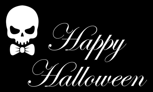 Icono plano texto Happy Halloween con craneo con corbata lazo