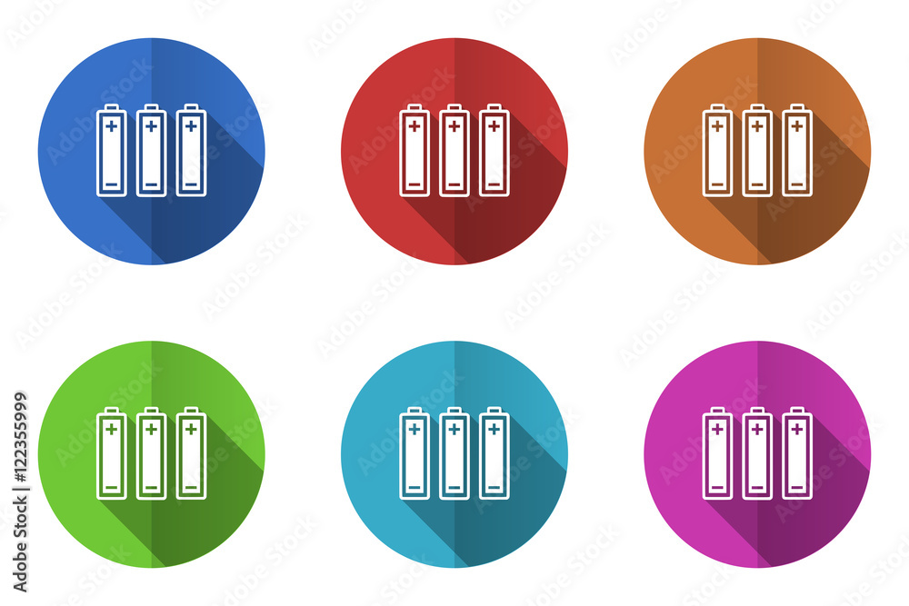 Poster Flat design vector icons. Colorful battery web buttons set. 