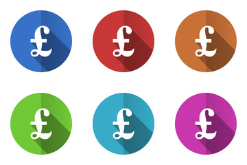 Flat design vector icons. Colorful pound web buttons set. 