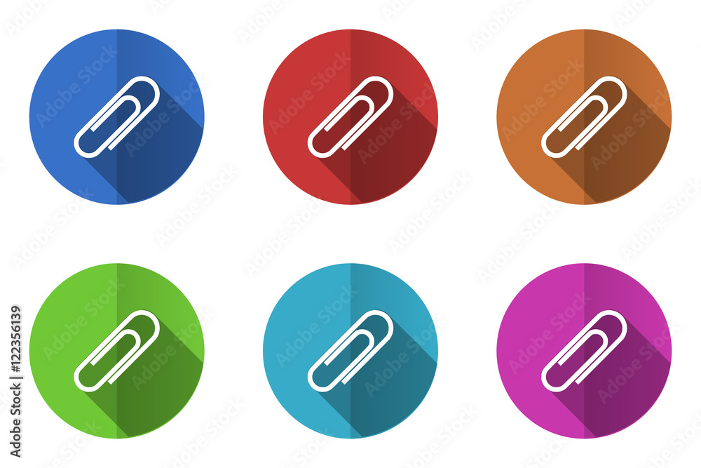 Poster Flat design vector icons. Colorful paperclip web buttons set. 