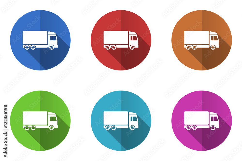 Poster Flat design vector icons. Colorful cargo web buttons set. 