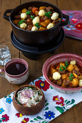 Hungarian soup bograch with beef and vegetables
