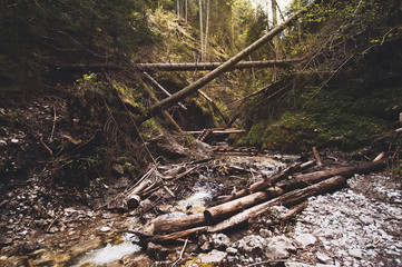 old wooden stairs over the mountain waterfall.natural background