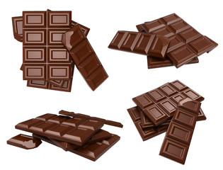 Broken chocolate bar isolated on white background. 3D rendering