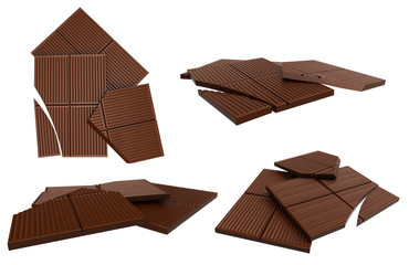 Broken chocolate bar isolated on white background. 3D rendering