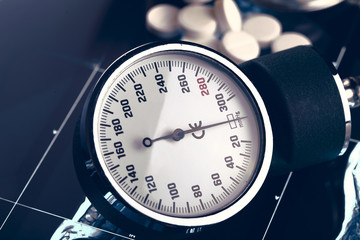 Medical concept with blood pressure gauge and pills