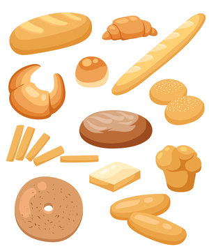 Bread set. Bakery and pastry products icons set with various sorts of bread, sweet buns, cupcakes, dough.
