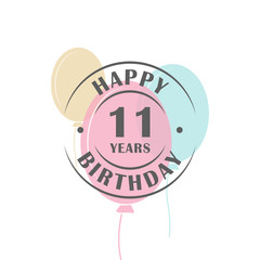 Happy birthday 11 years round logo with festive balloons, greeting card template  