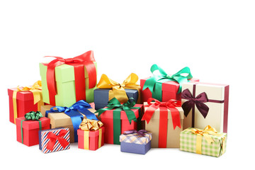 Gift boxes with ribbon isolated on a white