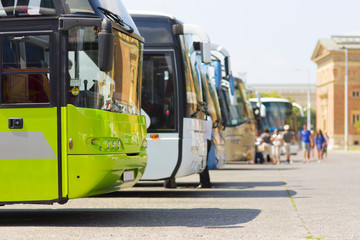 distance buses in the car park