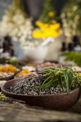 Herbal medicine on wooden desk background