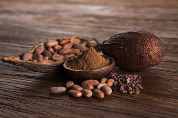 Cocoa beans in the dry cocoa pod fruit on wooden background