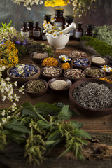 Fresh medicinal, healing herbs on wooden