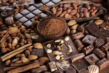 Chocolate sweet, cocoa pod and food dessert background