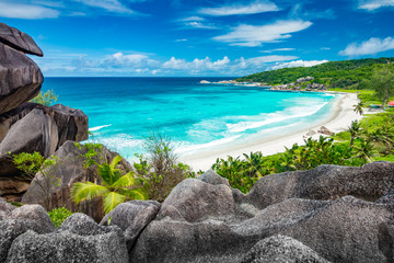 Amazing view at Grande Anse beach located on La Digue Island