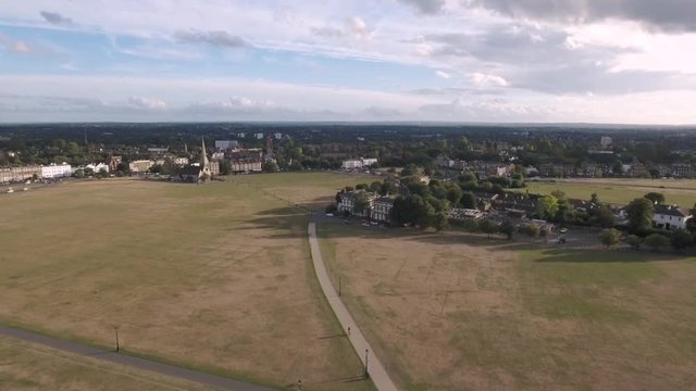 Aerial approaching view of the village of Blackheath in South London