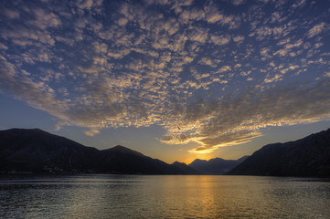 Sunset on the fjord, Boka bay, Montenegro