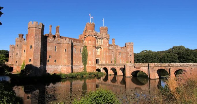 View of a moated brick castle in Southern England