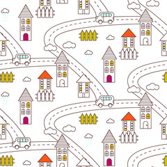 Outline village seamless vector pattern. Rustic landscape with road, houses, car and fields repeat background. Line style coloring page.