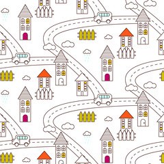 Outline village seamless vector pattern. Rustic landscape with road, houses, car and fields repeat background. Line style coloring page.