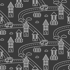 Fototapeta premium Outline village seamless vector pattern. Rural landscape with road, houses, car and fields repeat background. White line style dark grey hamlet.