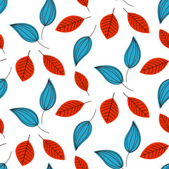 Doodle blue and red leaves seamless vector pattern. Outline foliage ornament on white background.
