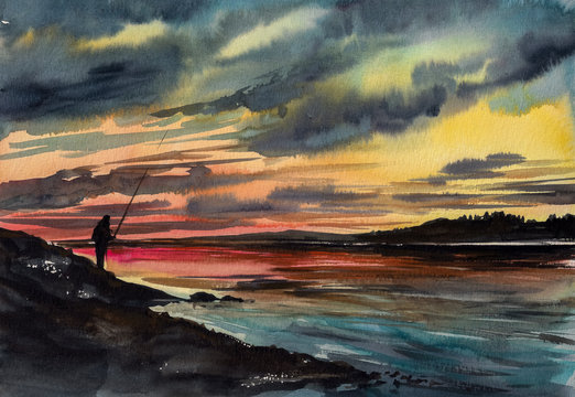 Fishing man with fishing rod on rocky shore over sunset sky background.Picture created with watercolors.