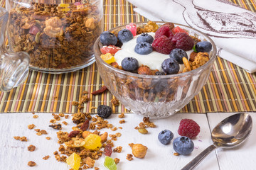 dessert granola with yogurt and berries