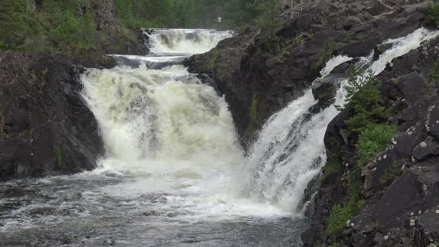 Waterfall powerful on the rocks in wild nature. Grand waterfall "Kivach" the beautiful forests of North Karelia. Northern rivers on the rocky ledges.
