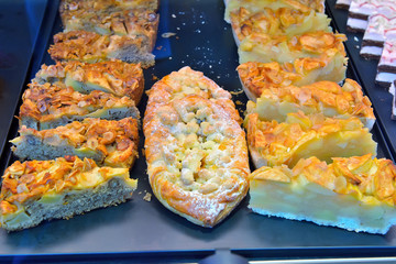 Pieces of fruit cake on a blue tray