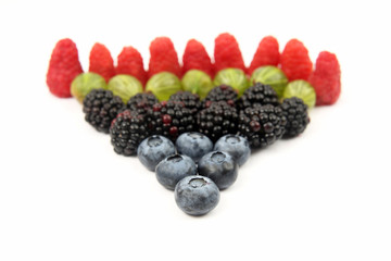 raspberries, gooseberries, blackberries and blueberries on white
