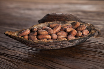 Cocoa pod on wooden table