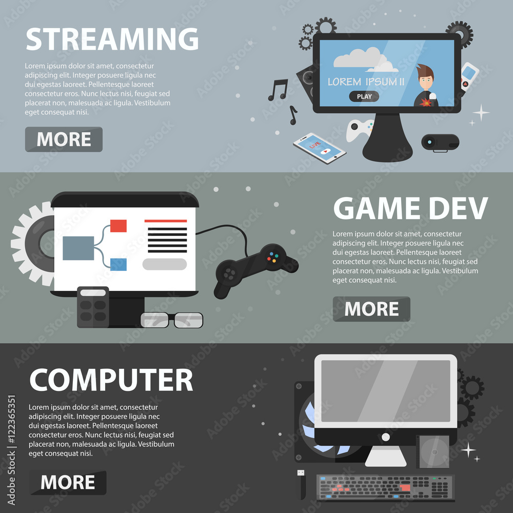 Wall mural set of vector flat horizontal banners of streaming, game development and computer. business concept 
