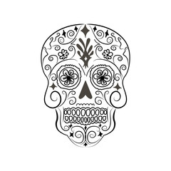Day of The Dead Sugar Skull with detailed floral ornament. Black and white vector illustration. Tattoo sketch.