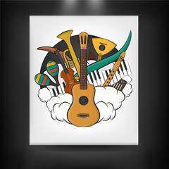 
Vector hand drawn doodle art template of music theme. Corporate identity brand in cartoon design. Illustration of musical instruments.