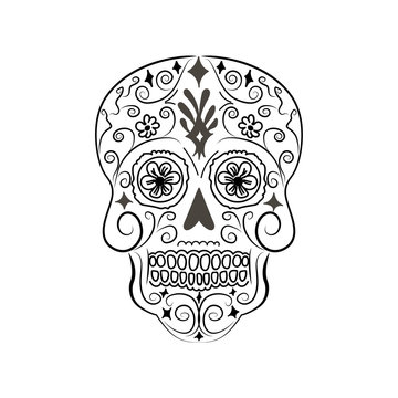 Day of The Dead Sugar Skull with detailed floral ornament. Black and white vector illustration. Tattoo sketch.