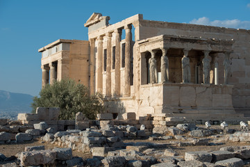 Fototapeta na wymiar Erechtheion temple, Acropolis of Athens, decorated with caryatides statues.