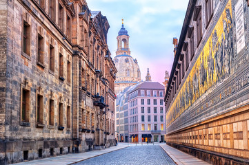 Dresden, Germany, mosaic wall and Frauenkirche cathedral in back