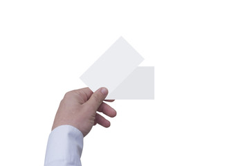 Business card in hand. The guy in a shirt holding a business card on a white background.