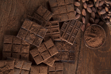 Bars Chocolate , candy sweet, dessert food on wooden background