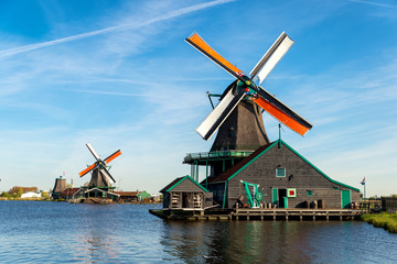 Traditional Dutch wooden windmill in Zaanse Schans, Netherlands