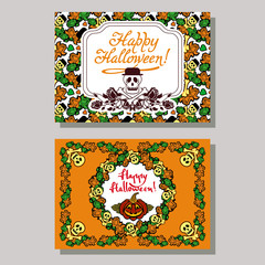 Halloween greeting card with skull. Vector clip art.