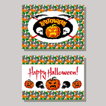 Halloween greeting card with skull. Vector clip art.