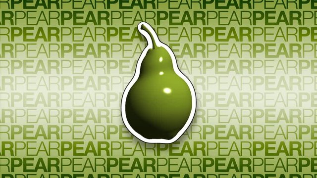 A rotating pear over a text background. 10 second loop.